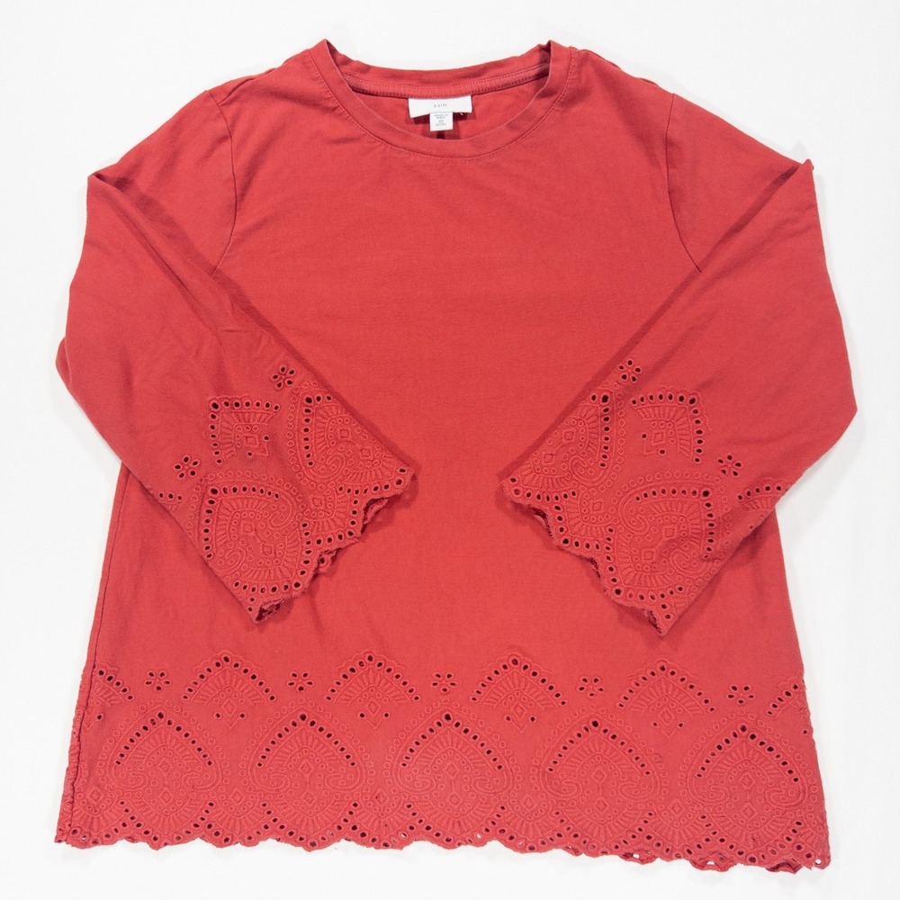 J. Jill Red Embroidered Eyelet Cotton Long Sleeve Top Petite XS Feminine Scallop